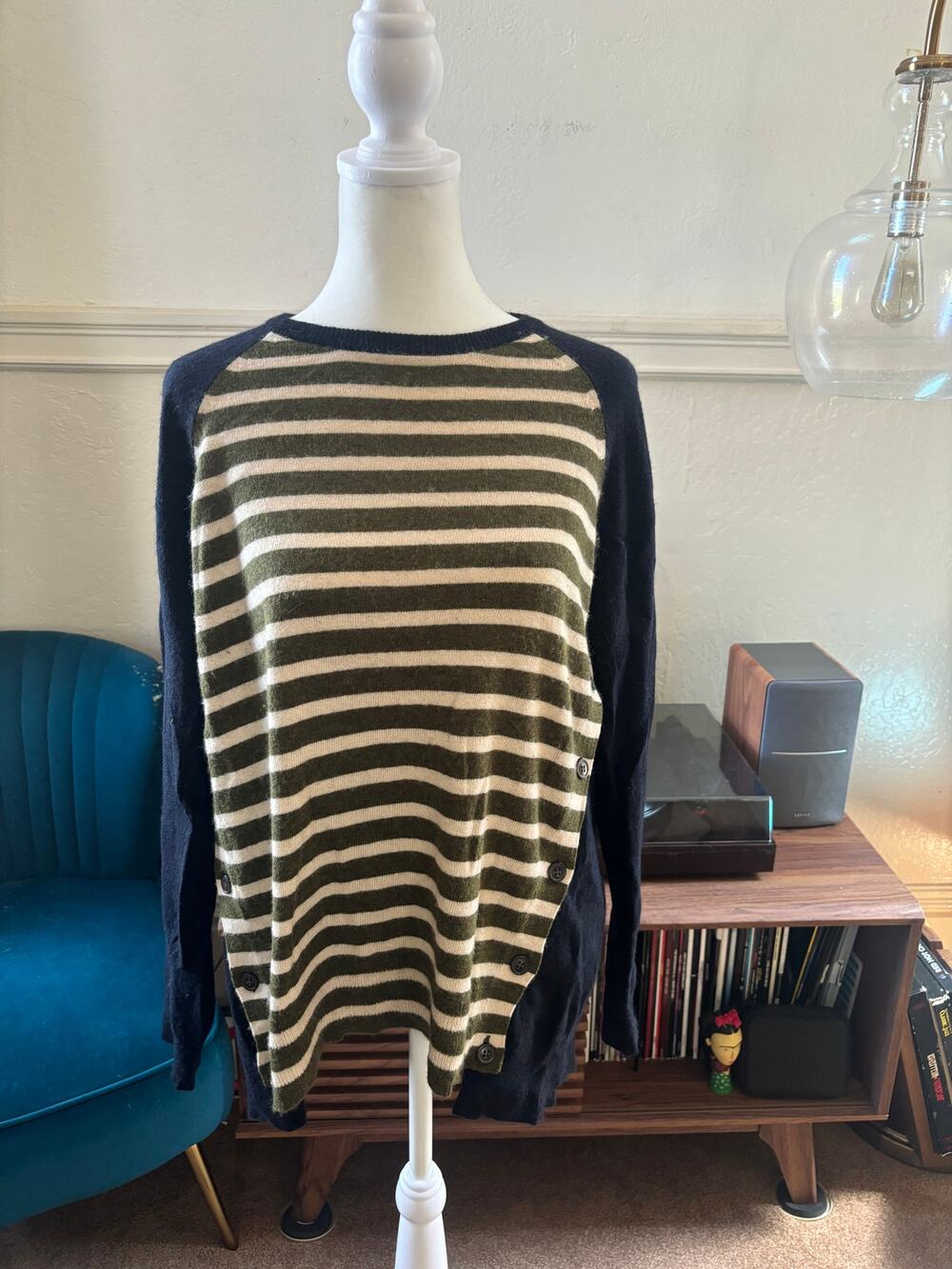 J.Crew Striped Wool Blend Sweater Medium Button Side Elbow Patch Navy Green